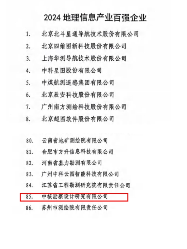 20240703 中核勘察連續4年入選中國“地理信息產(chǎn)業(yè)百強企業(yè)”